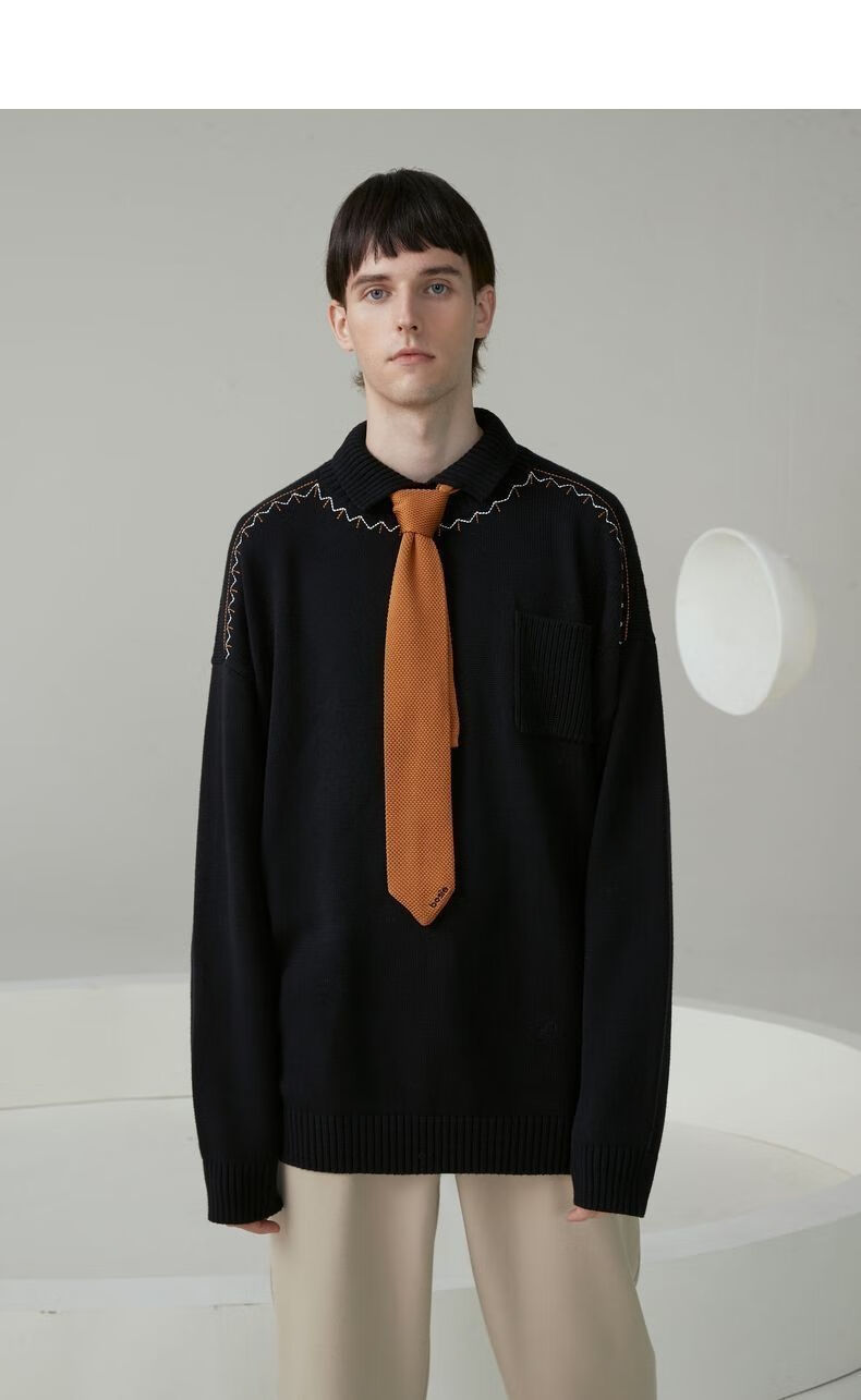 烨默男装高档毛衣男法式毛衣慵懒风感帅气复古刺绣套头针织衫情侣宽松