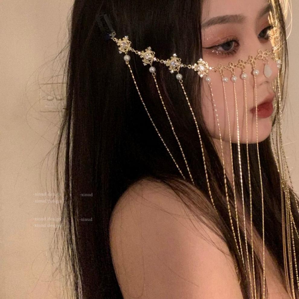 汉服面纱人间苏妲己超仙汉服面帘古风遮脸面纱女流苏眉心坠头饰拍照