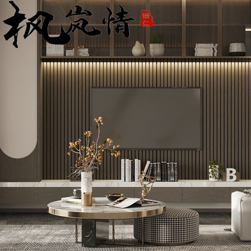 实木格栅板影视墙木饰面网红凹凸长城板护墙板现代轻奢电视背景生态木