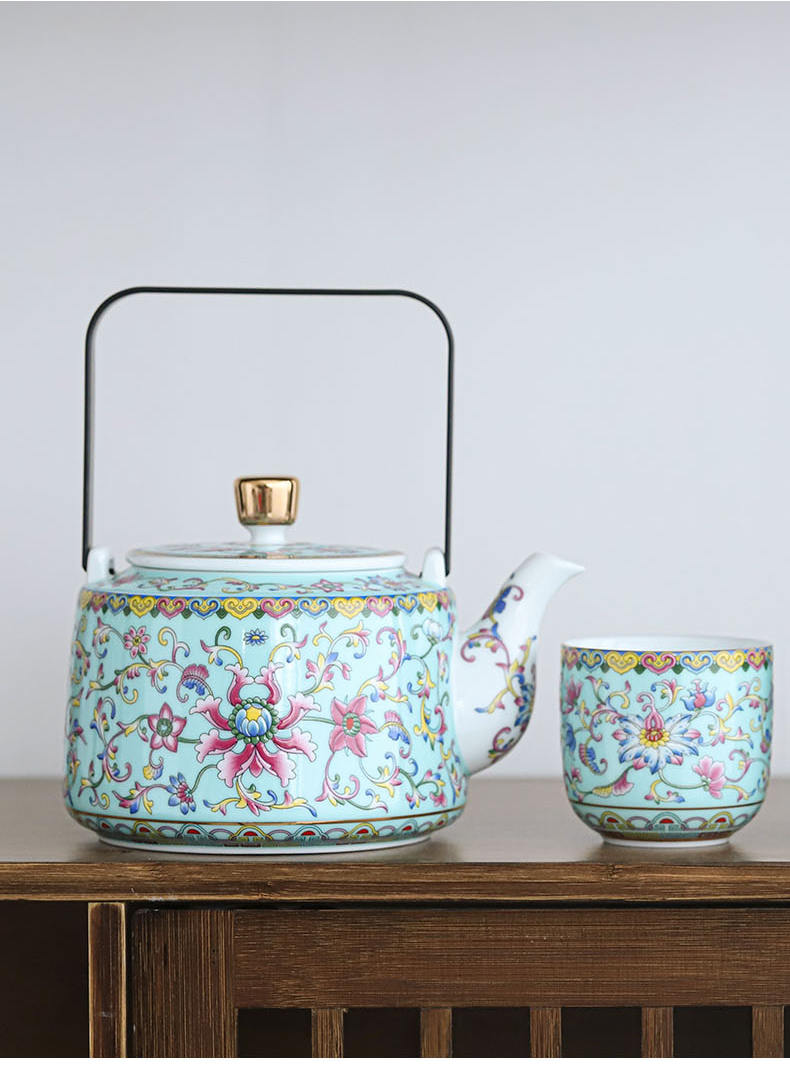 古笙记 珐琅彩陶瓷茶壶家用功夫茶具提梁壶带过滤内胆大号容量泡茶壶