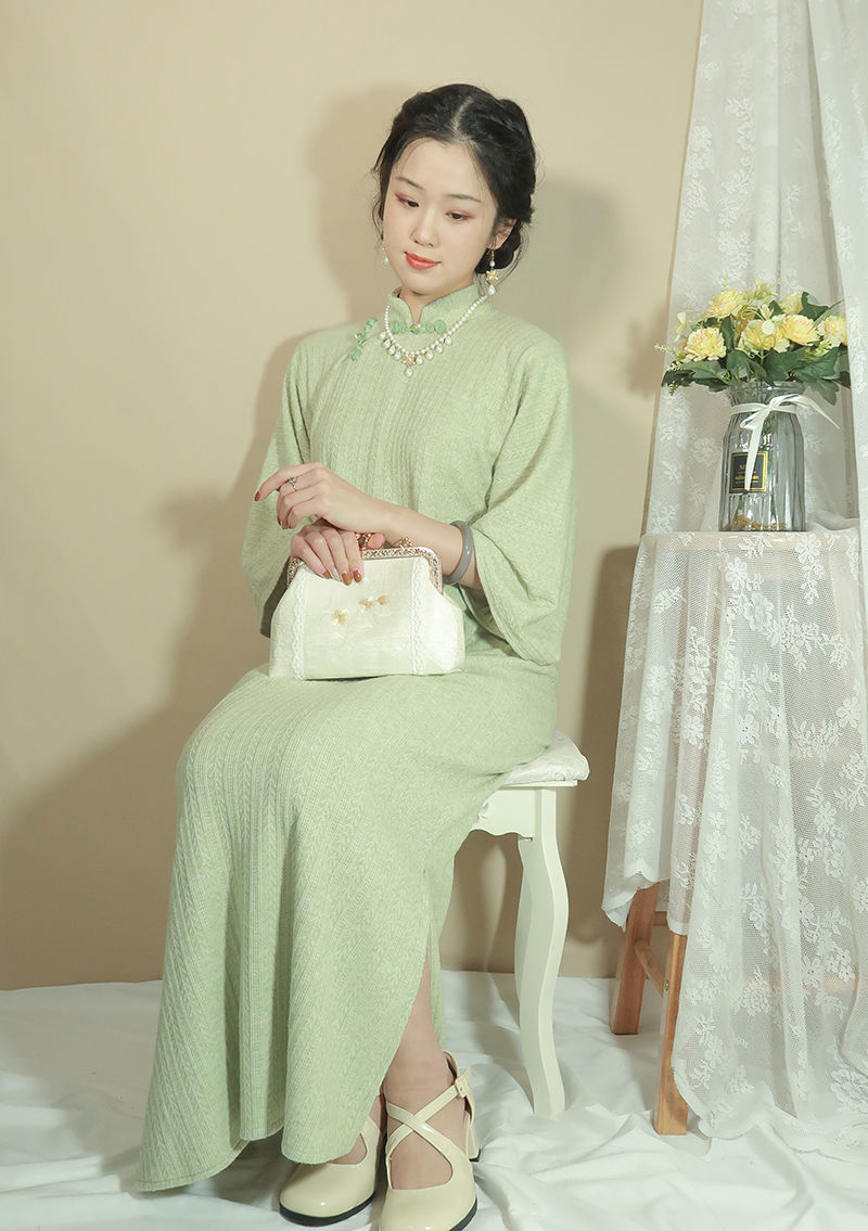 璨玥清韵民国风古法倒大袖平裁全开襟针织春秋长旗袍中国风宽松大码