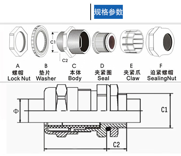 304不锈钢格兰头m20m25g12npt34dn15金属填料函电缆防水接头g121014