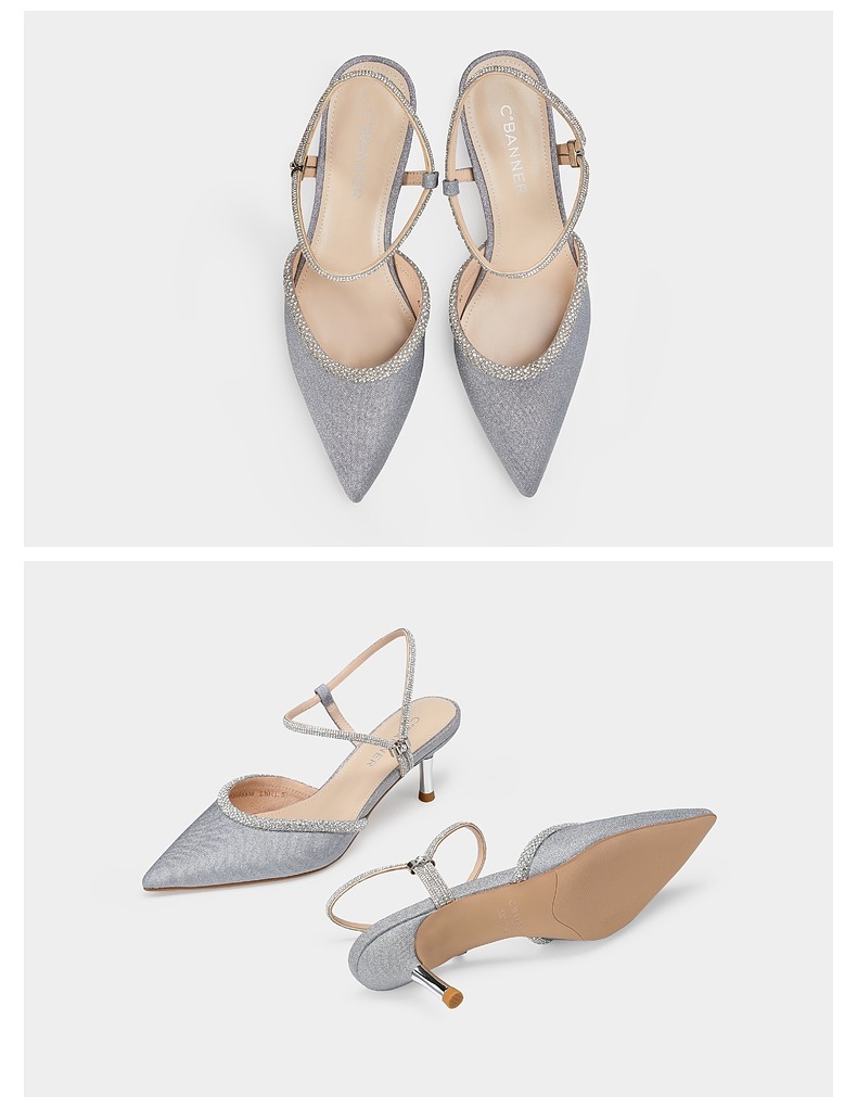 千百度女鞋2021夏季新款尖头一字扣细跟高跟鞋银色35