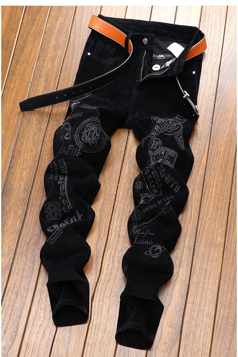 纯黑刺绣牛仔裤男2021新款字母绣花灯芯绒休闲裤弹力修身裤子男士