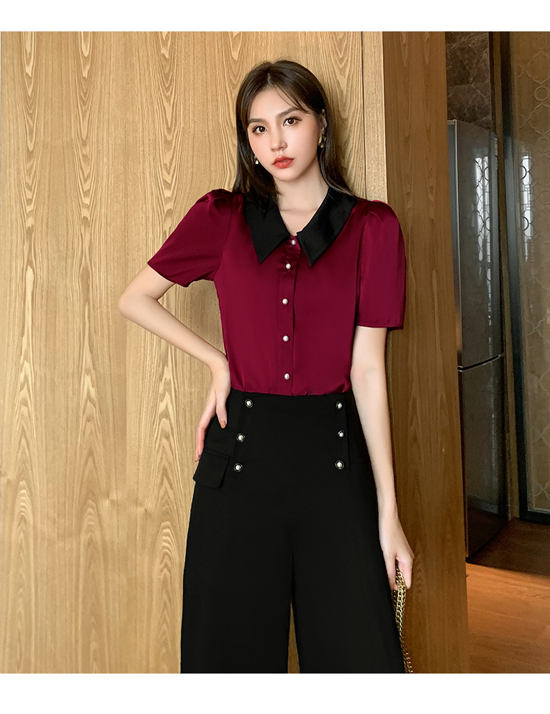 服饰设计感小众法式上衣2021夏季新品时尚翻领衬衫百搭衬衣女 酒红色