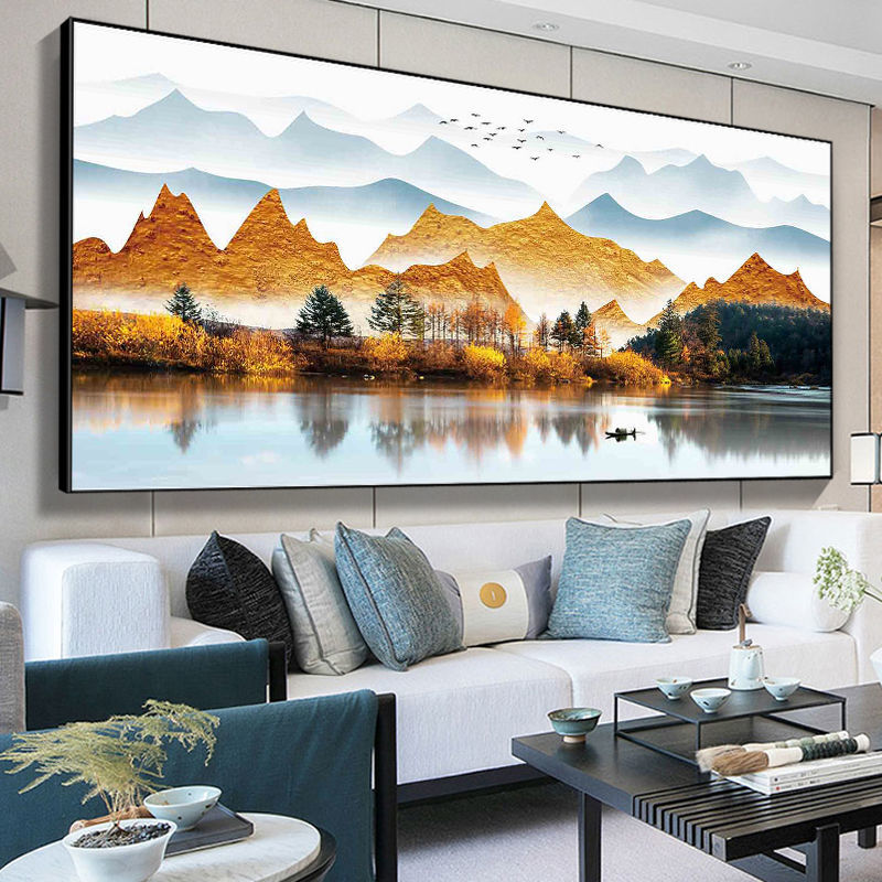 官方挂画客厅装饰画新中式山水画沙发背景墙壁画现代轻奢背靠金山挂画
