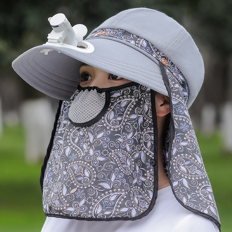 新款田园采茶帽女夏日遮阳防晒防晒遮阳骑行运动碎花带风扇帽子班彼凡