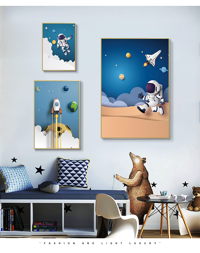 轻奢高端男孩房间装饰画儿童卧室背景墙画床头挂画现代轻奢太空宇航员