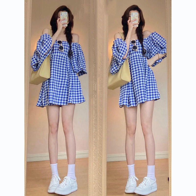 小众设计感盐系修身显瘦露肩蓝色格子连衣裙女夏季蓝色一字肩连衣裙s