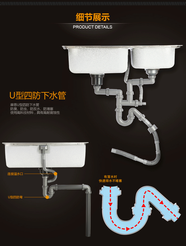 摩恩(moen) 厨盆水槽落水管配件 厨房水槽配件下水管 双槽下水管