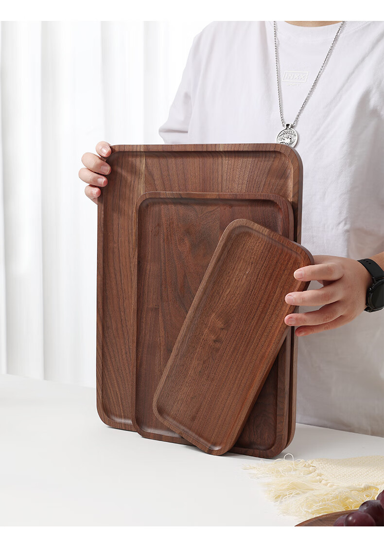 日本(yaxell)托盘茶盘圆形家用实木黑胡桃木托盘长方形日式家用放水杯