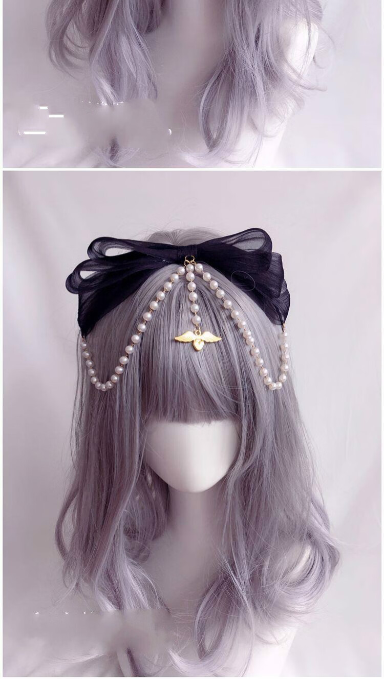 手作洛丽塔发箍头饰华丽双层蝴蝶结珠链kc配天使柄天使之书发饰酒红色