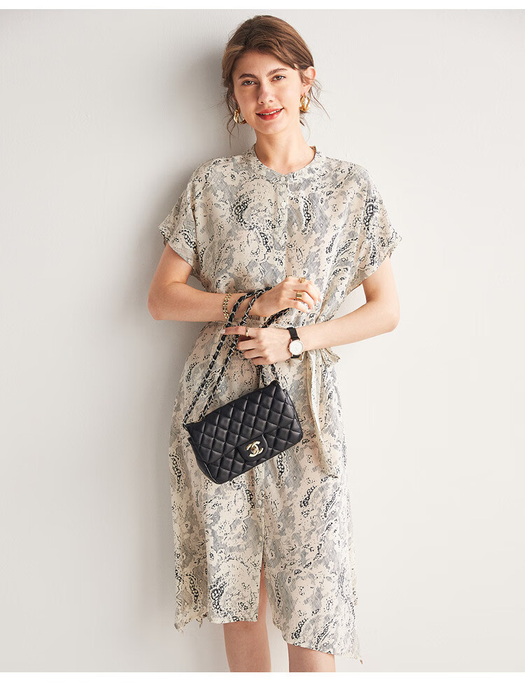 帕罗16姆米双绉桑蚕丝多种印花不规则下摆系带真丝连衣裙黑2xl