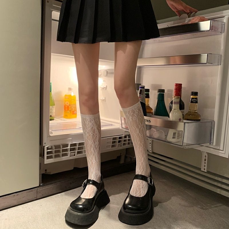 夏季薄款袜子花纹性感小腿袜少女黑丝镂空中筒袜显瘦美腿袜ins潮 黑