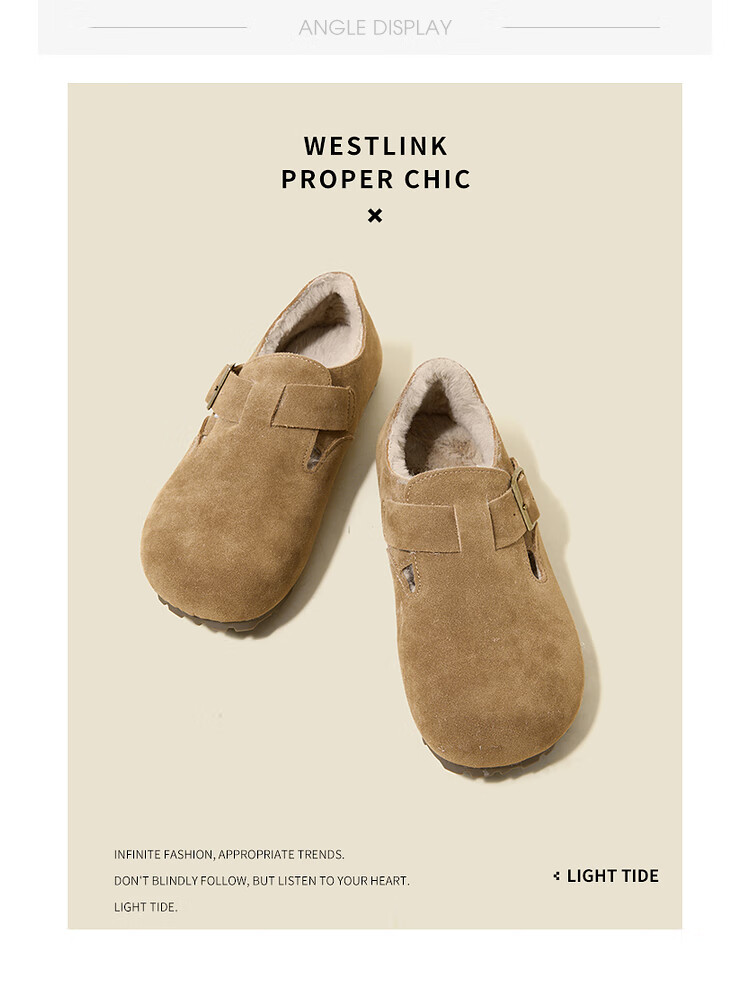 Westlink All-Wool Birkenstock-Style Women's Fleece-Lined Shoes, New Winter 2024 Soft-Soled Cotton Shoes, Warm Slip-On Fluffy Shoes, Brown, Size 37 27