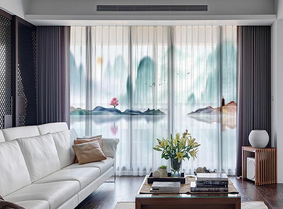 现代新中式窗纱水墨山水画风景窗帘客厅书房卧室名宿薄款隔断纱帘图案