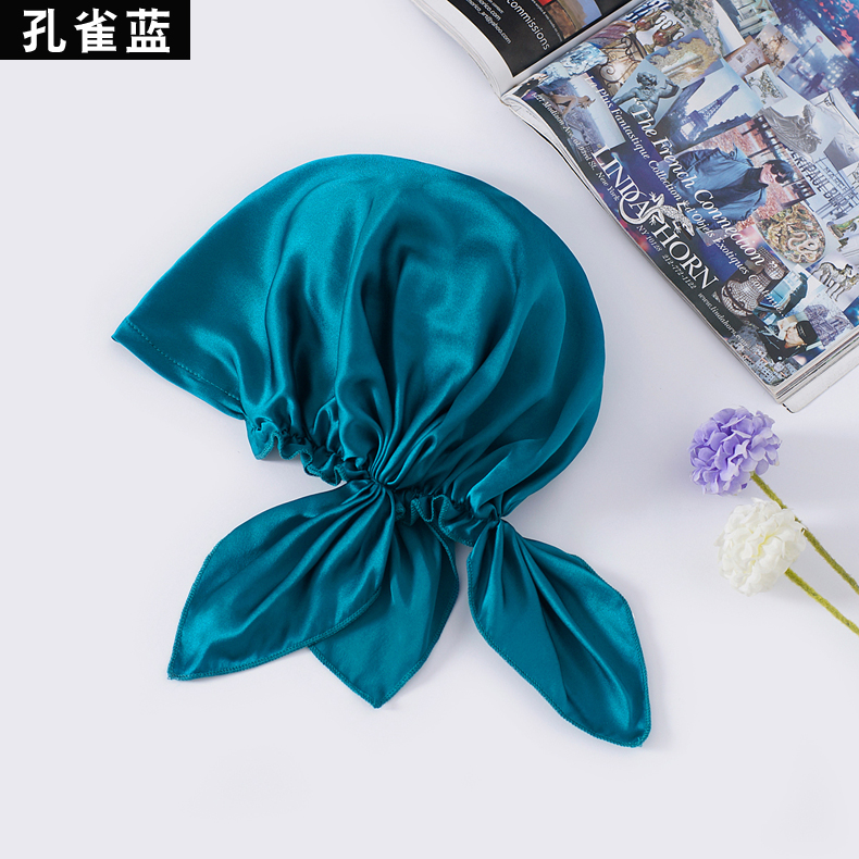 法国轻奢丝绸三角式素绉缎印花桑蚕丝月子产妇护发薄帽子舒适真丝睡帽