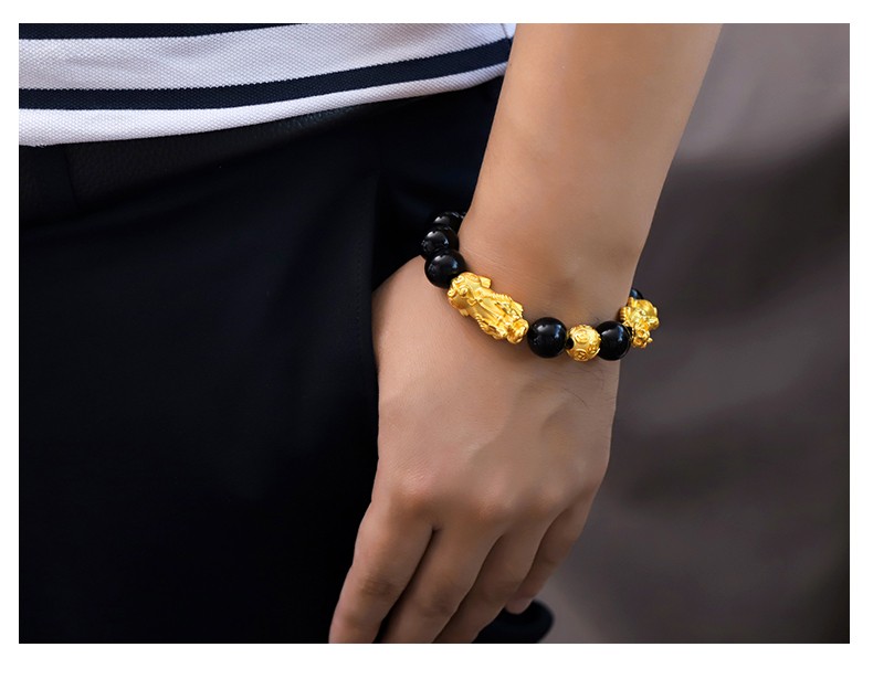 老凤祥老凤凰镀黄金貔貅黑玛瑙手串999皮丘3d硬金男士转运珠手链女