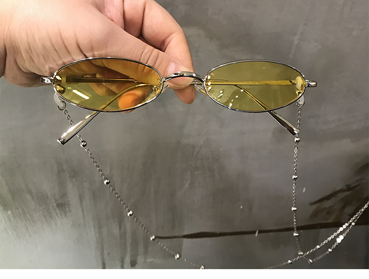 韩国椭圆扁框ins潮流网红眼镜女红色带链条墨镜女小脸百搭太阳镜 黄