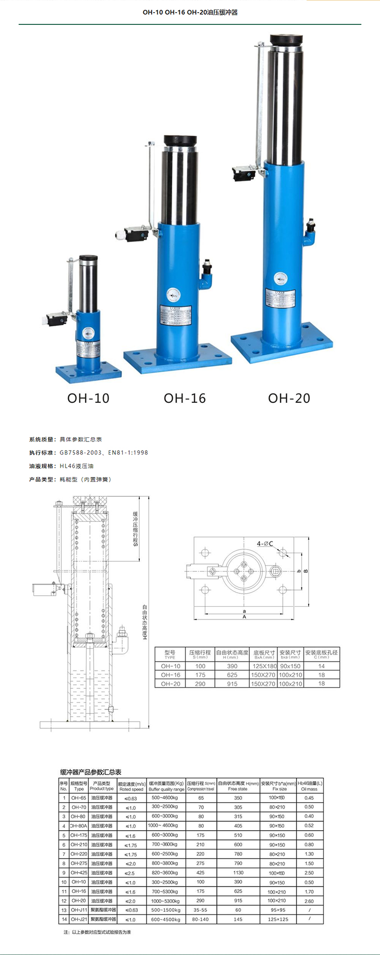 奥德普电梯液压缓冲器oh80175210275425对重轿厢电梯配件大全oh210175