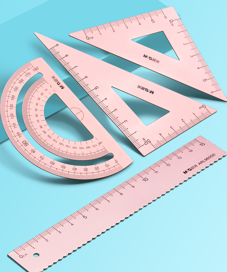 晨光金属尺子学生文具量角器小学生用尺子套装三角板直尺带波浪线铝