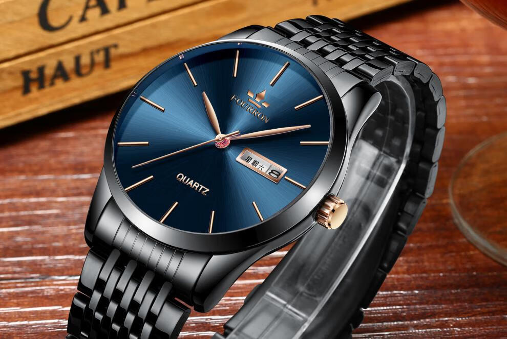 fourron手表男士日历时尚休闲商务男腕表薄泛蓝光玻璃黑色钢带石英表