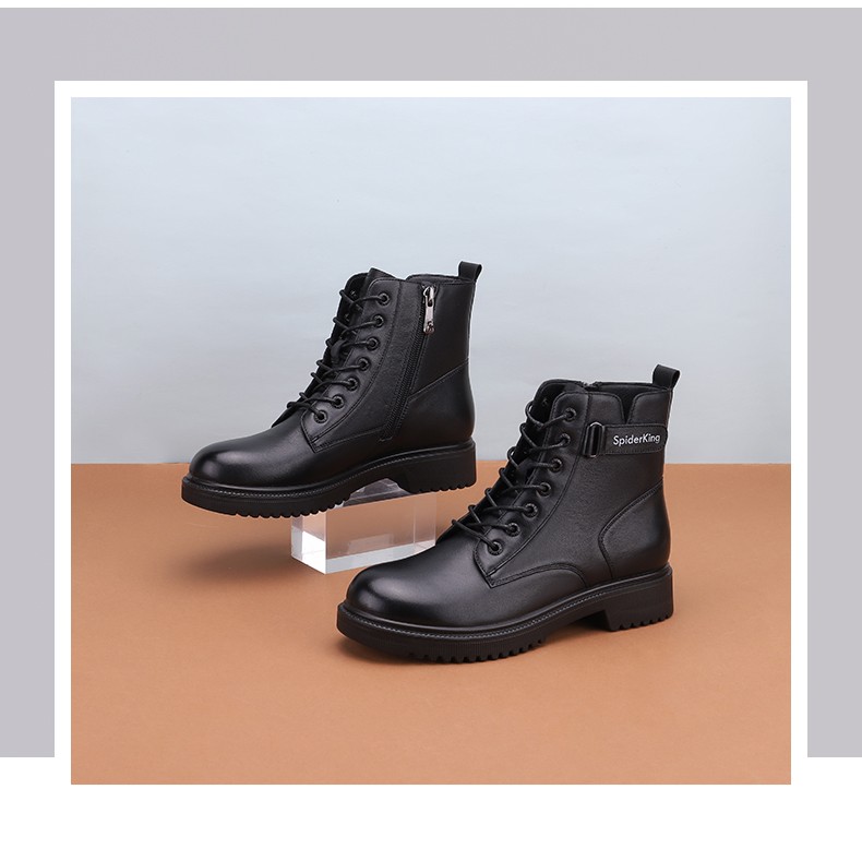 蜘蛛王女鞋马丁靴女秋冬新款冬真皮英伦厚底牛皮短靴子96512黑色35