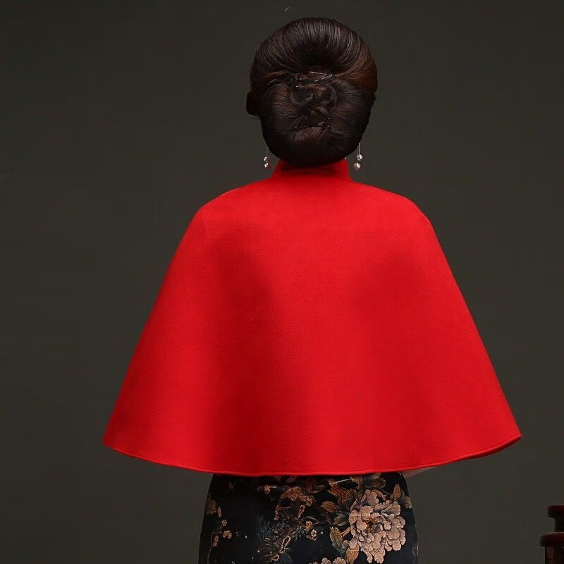 十奕韩版毛呢披肩小外套斗篷短款无袖开衫搭配旗袍外搭刺绣坎肩女红色