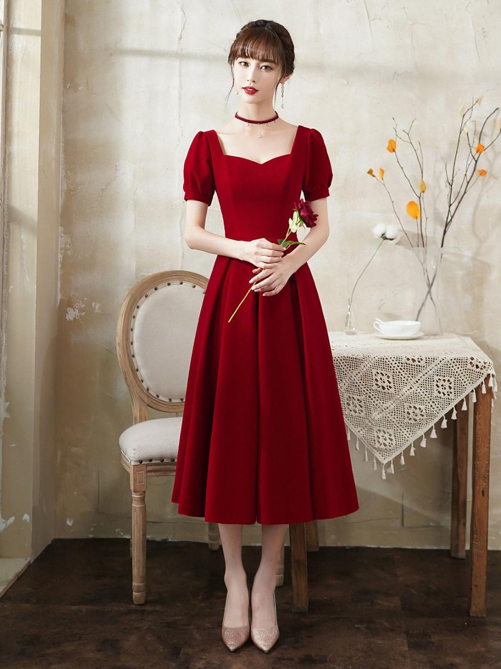 中芳韵气质晚礼服2021新款酒红色法式方领宫廷礼服伴娘礼服女平时可穿
