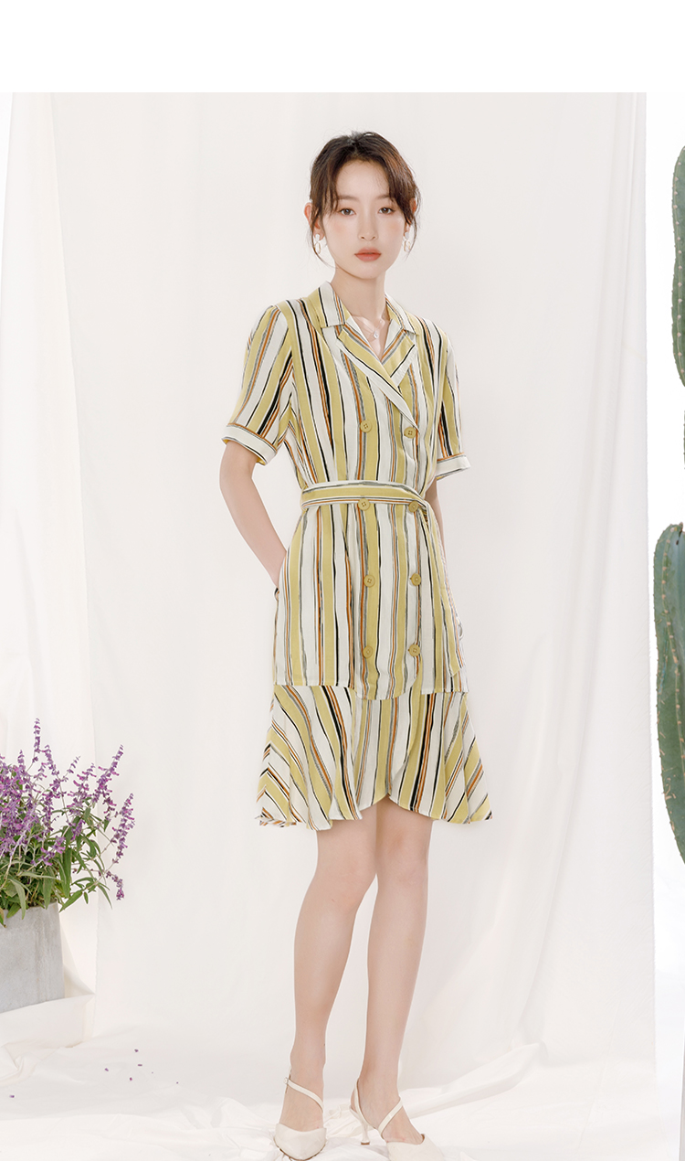 商场同款熙然2022夏新款西装领双排扣条纹衬衫连衣裙女黄咖条s