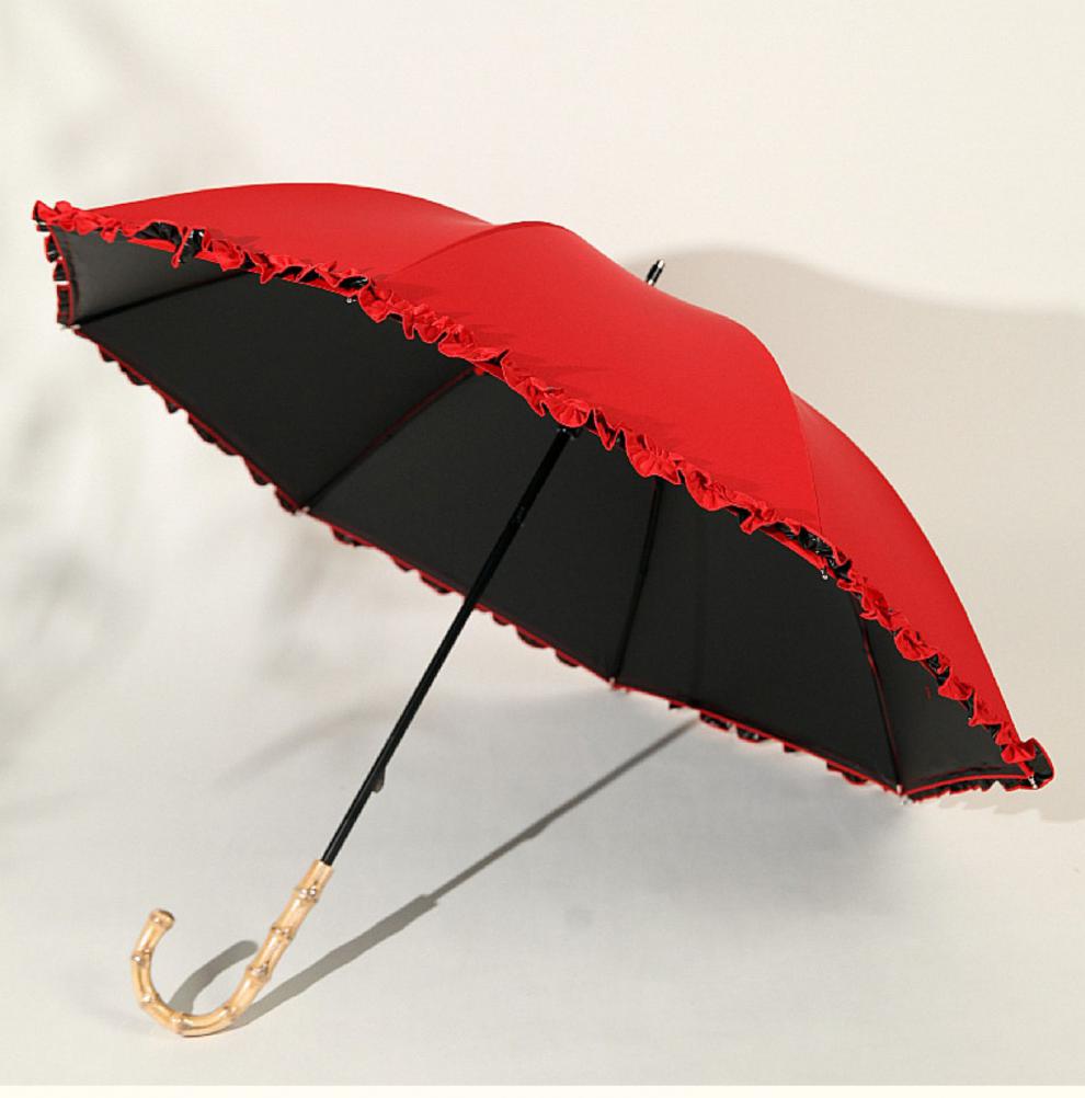 60折叠伞超大浮羽红伞复古竹柄长杆伞结婚伞大红色蕾丝遮阳裙边新娘