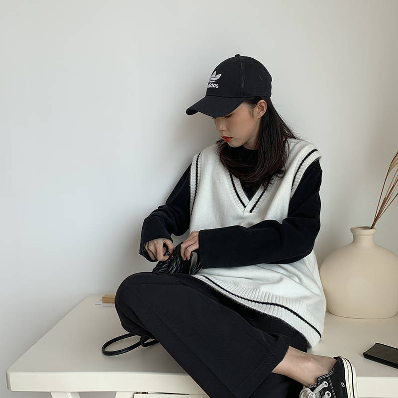 学院风v领套头2021秋冬新款韩版宽松百搭针织毛衣背心马甲女上衣白色m