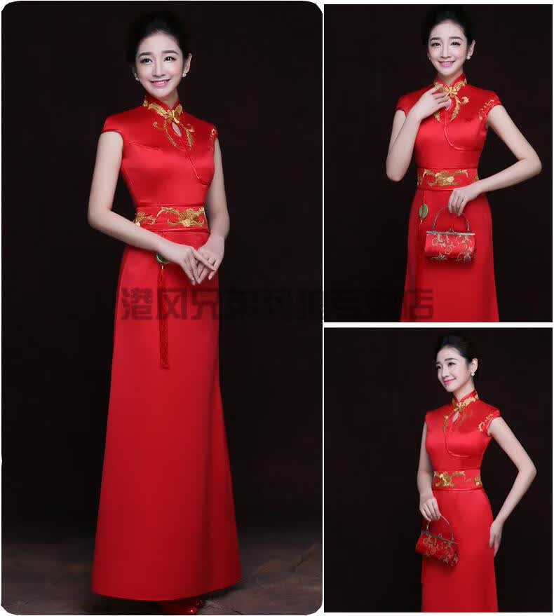 礼仪小姐迎宾服装女新款绣花礼仪旗袍长款青花瓷旗袍年会礼服礼仪迎宾