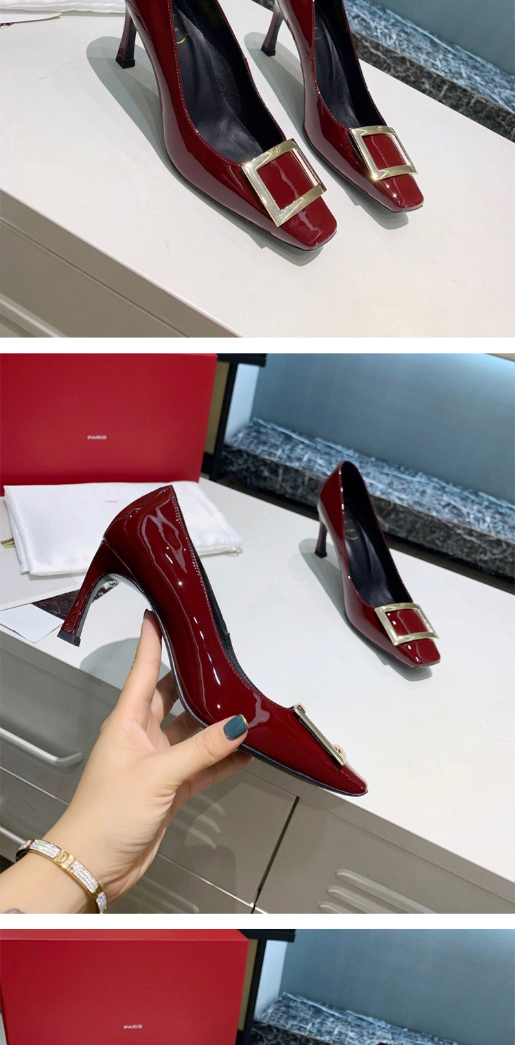 达芙妮rv方扣单鞋漆皮女鞋细跟裸色女粗跟方头法式ol通勤婚鞋百丽爱