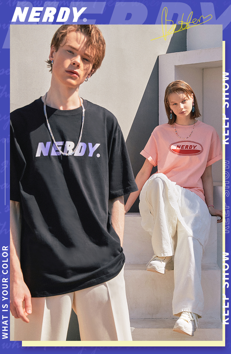 nerdy韩国潮牌t恤女2021年新款ins渐变印花字母宽松黑色短袖上衣黑色s