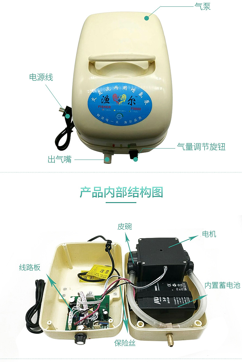 充氧机养鱼氧气泵钓鱼充电两用增氧泵便携式户外增氧机卖鱼用渔尔9900