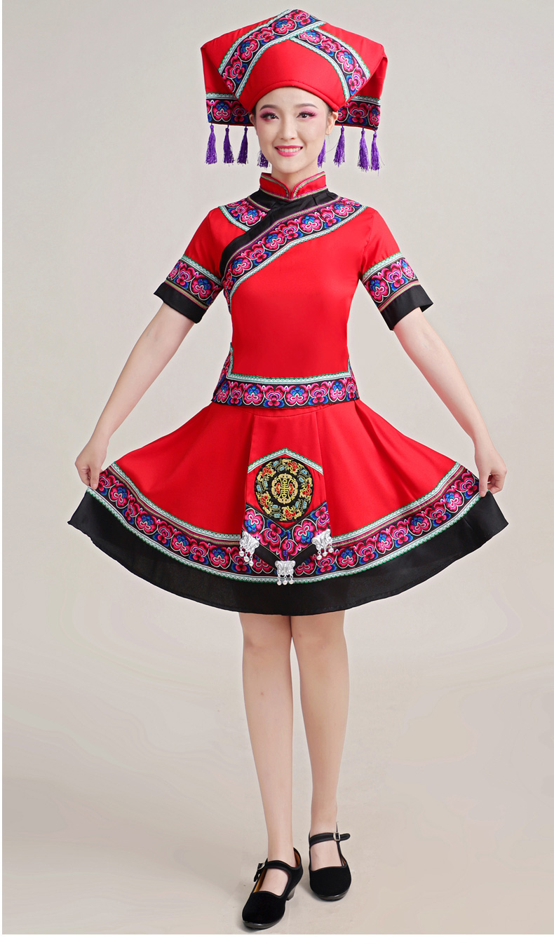 56个少数民族服装女彝族瑶族土族舞蹈演出服侗族壮族苗族表演服 a红色