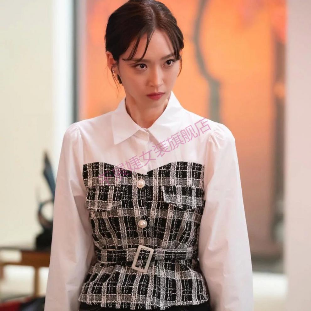 韩剧顶楼锡京同款衣服2韩智贤小香风收腰假两件衬衫潮春夏女式 如图 s