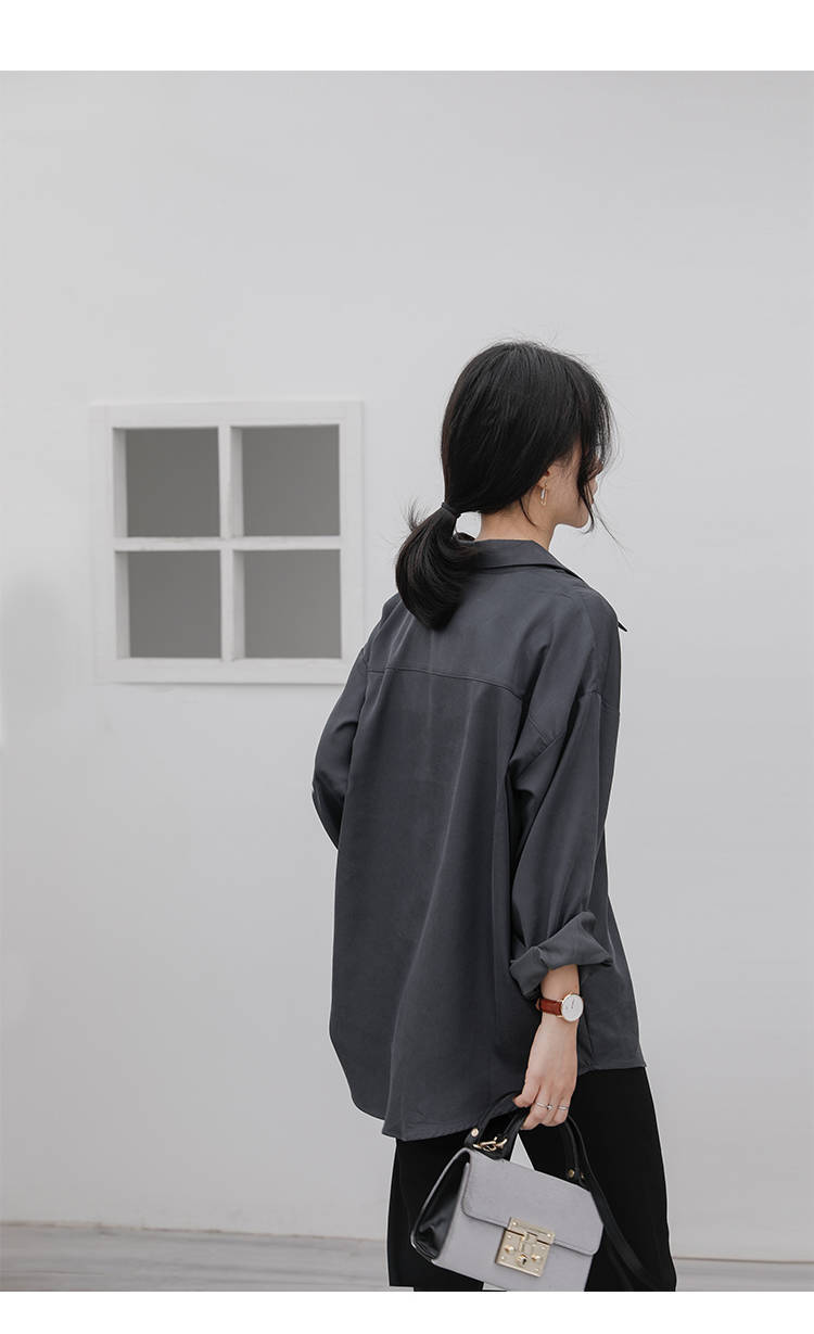 2021秋季冷淡风复古质感垂感灰色衬衫女宽松长袖慵懒秋外套港味百搭
