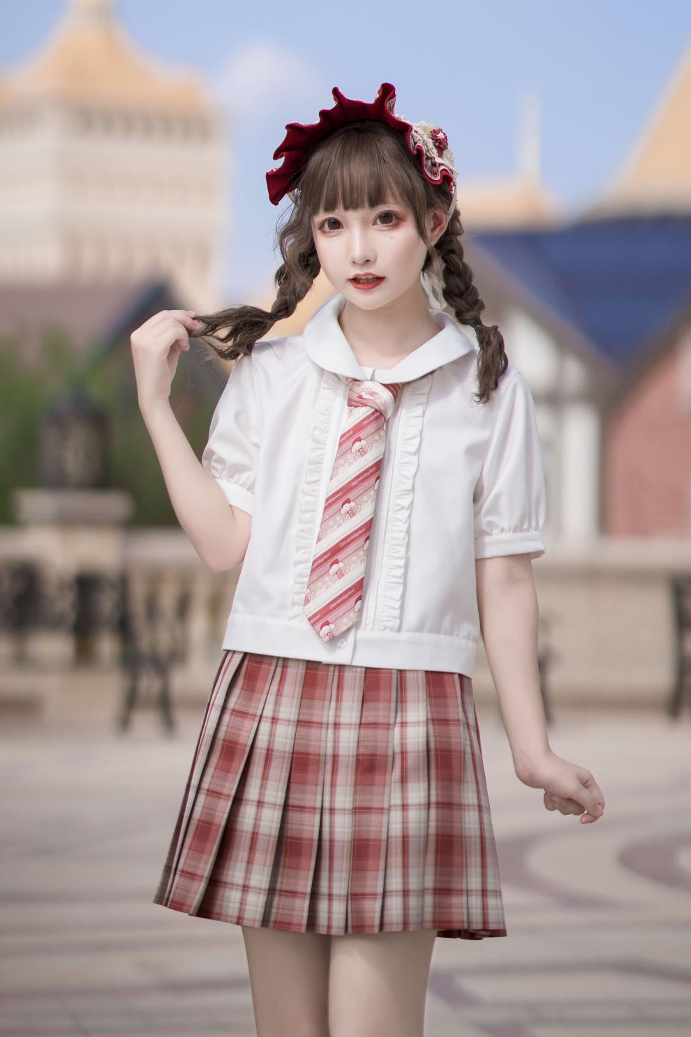 御茶家小红帽原创jk制服格裙短长早秋季百褶半身裙现货42cm裙长m