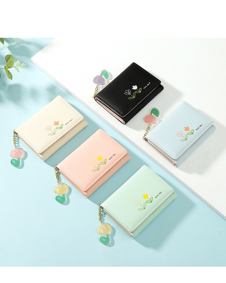 女生钱包新款小花短款女小众设计三折薄款简约少女心钱夹ins粉色