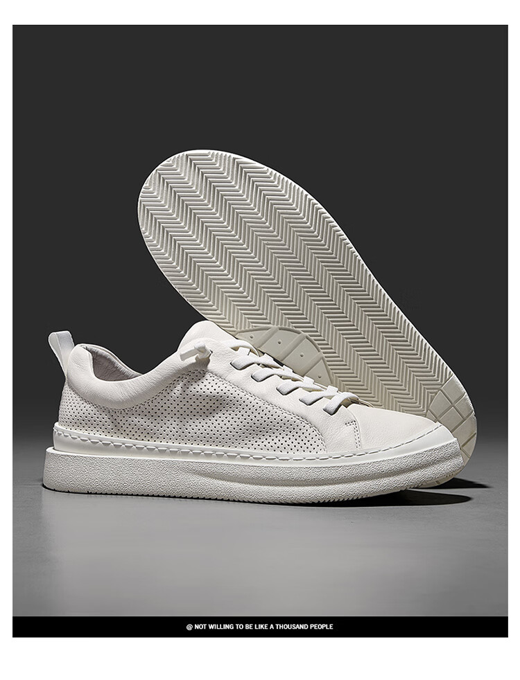 ht皓顿男鞋头层牛皮透气网孔运动休闲鞋新品时尚百搭板鞋小白鞋子白色