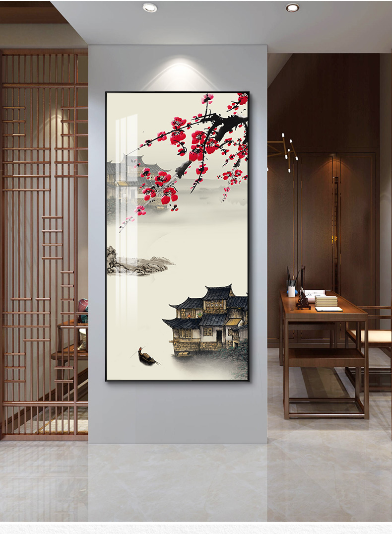 中式玄关装饰画古典晶瓷玄关画喜上眉梢a宽70高140铝合金金框晶瓷画面