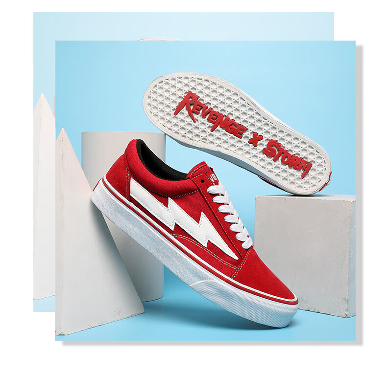 美版复仇风暴revenge旗舰闪电鞋礼高版火焰红低帮帆布粉红滑板鞋休闲