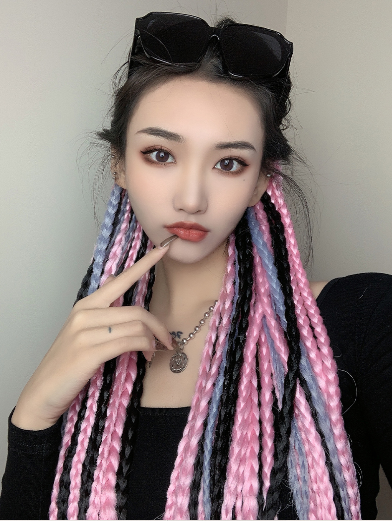 脏脏辫假发女机车彩色渐变小麻花辫子马尾双马尾假辫子发绳头饰09深