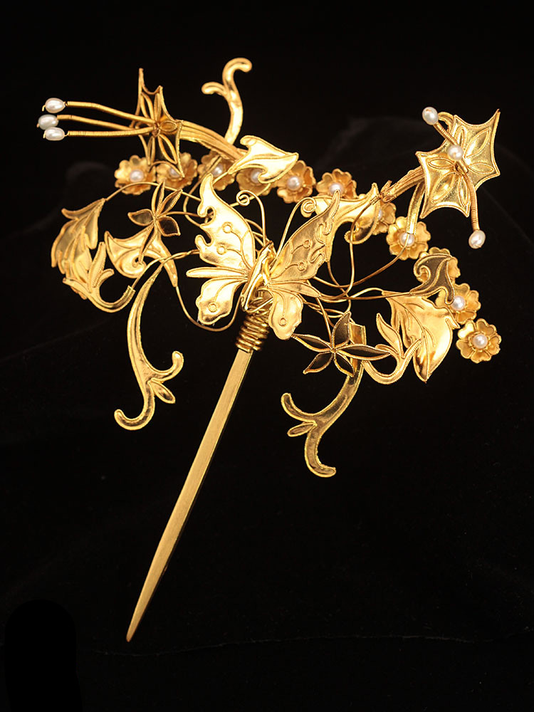 美芙仁非遗花丝工艺银发簪金色手工掐丝文物复原扑棱蛾子汉服发簪发钗