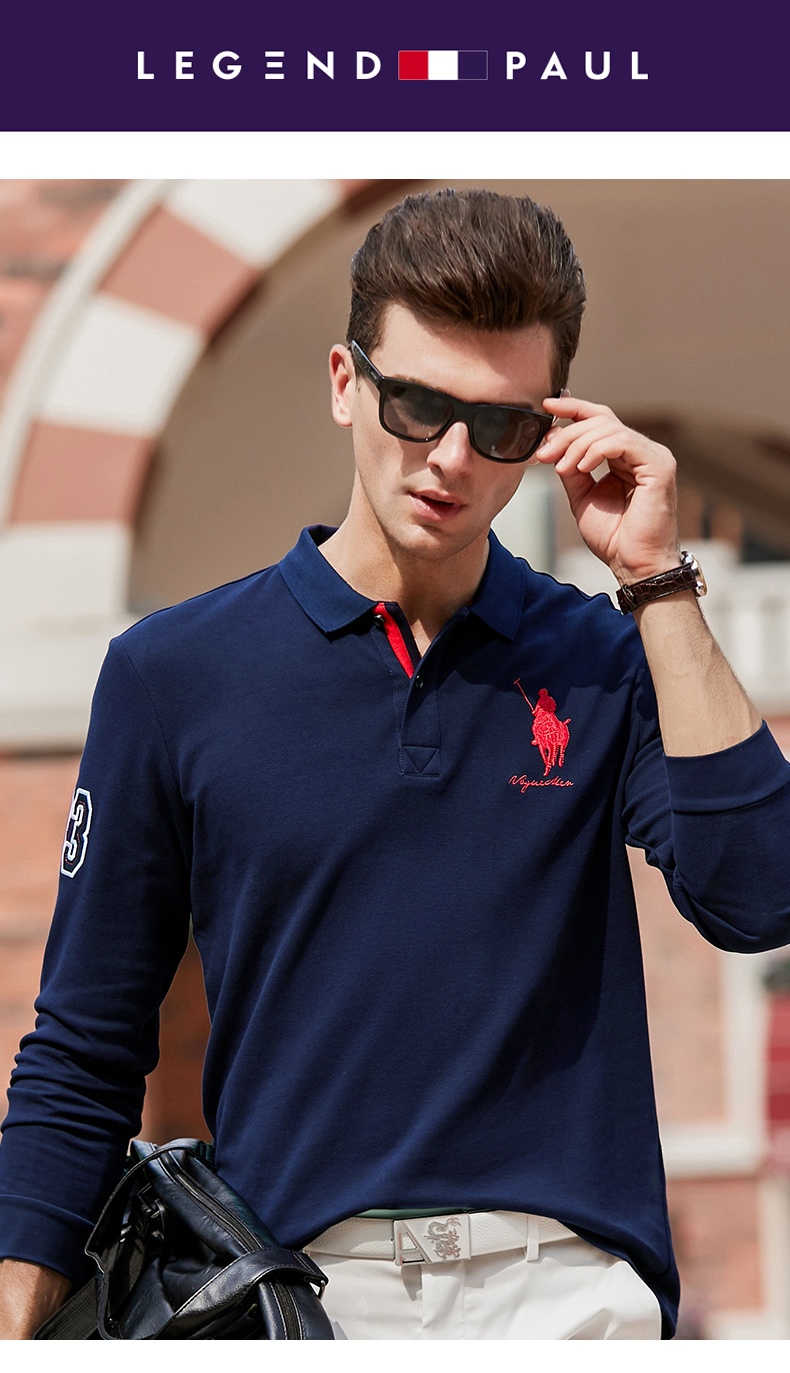 保罗男士长袖t恤纯棉春秋新款体恤刺绣翻领中青年商务休闲打底衫酒