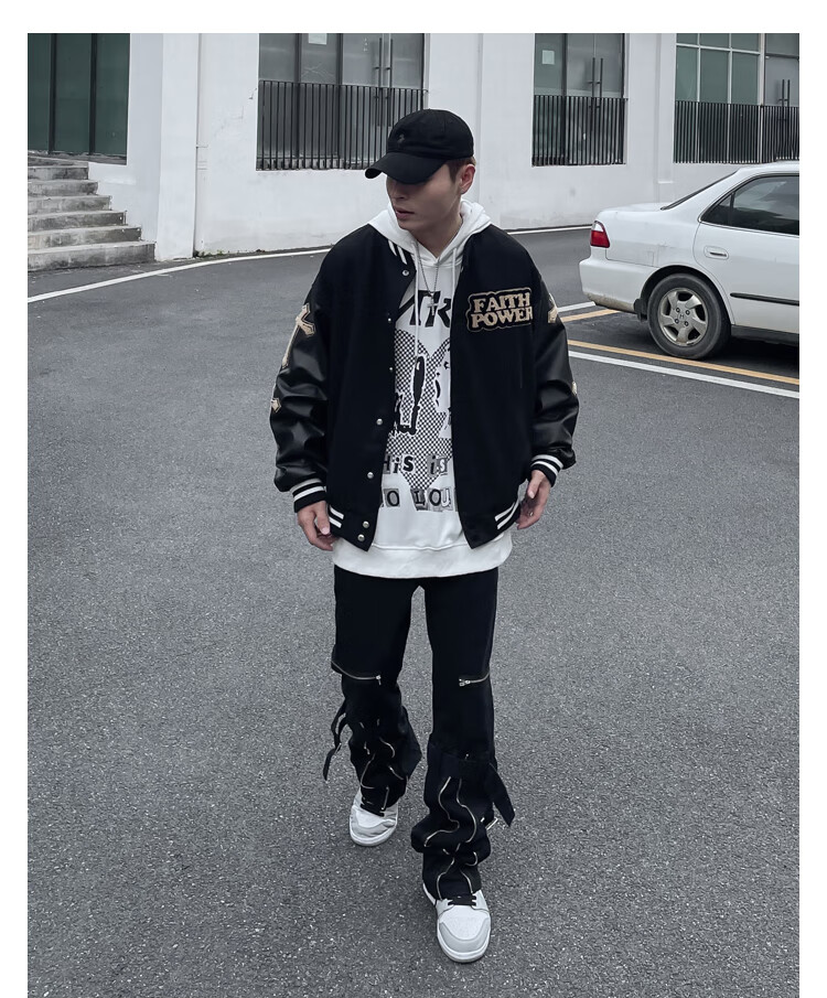 黑白述欧美高街十字架刺绣棒球服男美式复古街头vibe风宽松hiphop外套