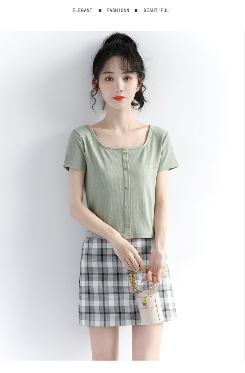 罗蒙特价捡漏高腰t恤女2022夏季新款修身显瘦豆绿色短袖t恤女露锁骨