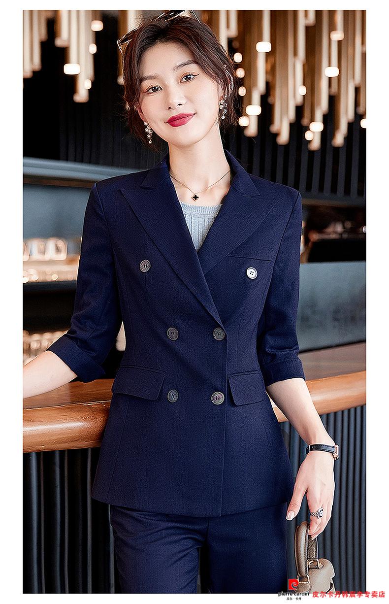 女装 深蓝色西装套装女夏感职业装气质女神范工作服七分袖西服外套